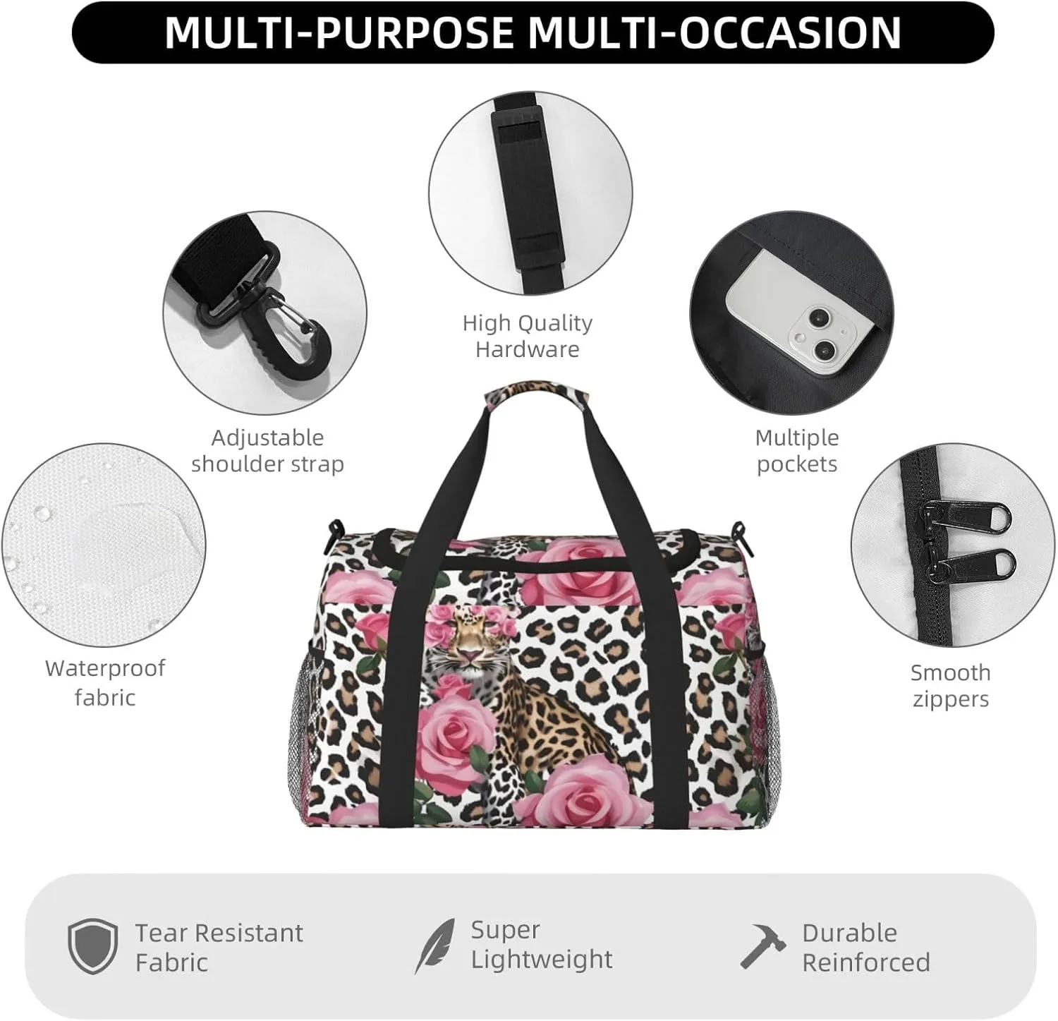 Red Rose Mix Leopard Travel Duffel Bag With Zippers And Handles, Big Foldable Duffle Bag For Family Vacations