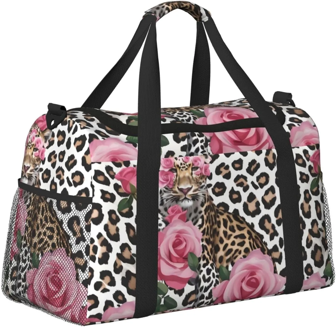 Red Rose Mix Leopard Travel Duffel Bag With Zippers And Handles, Big Foldable Duffle Bag For Family Vacations