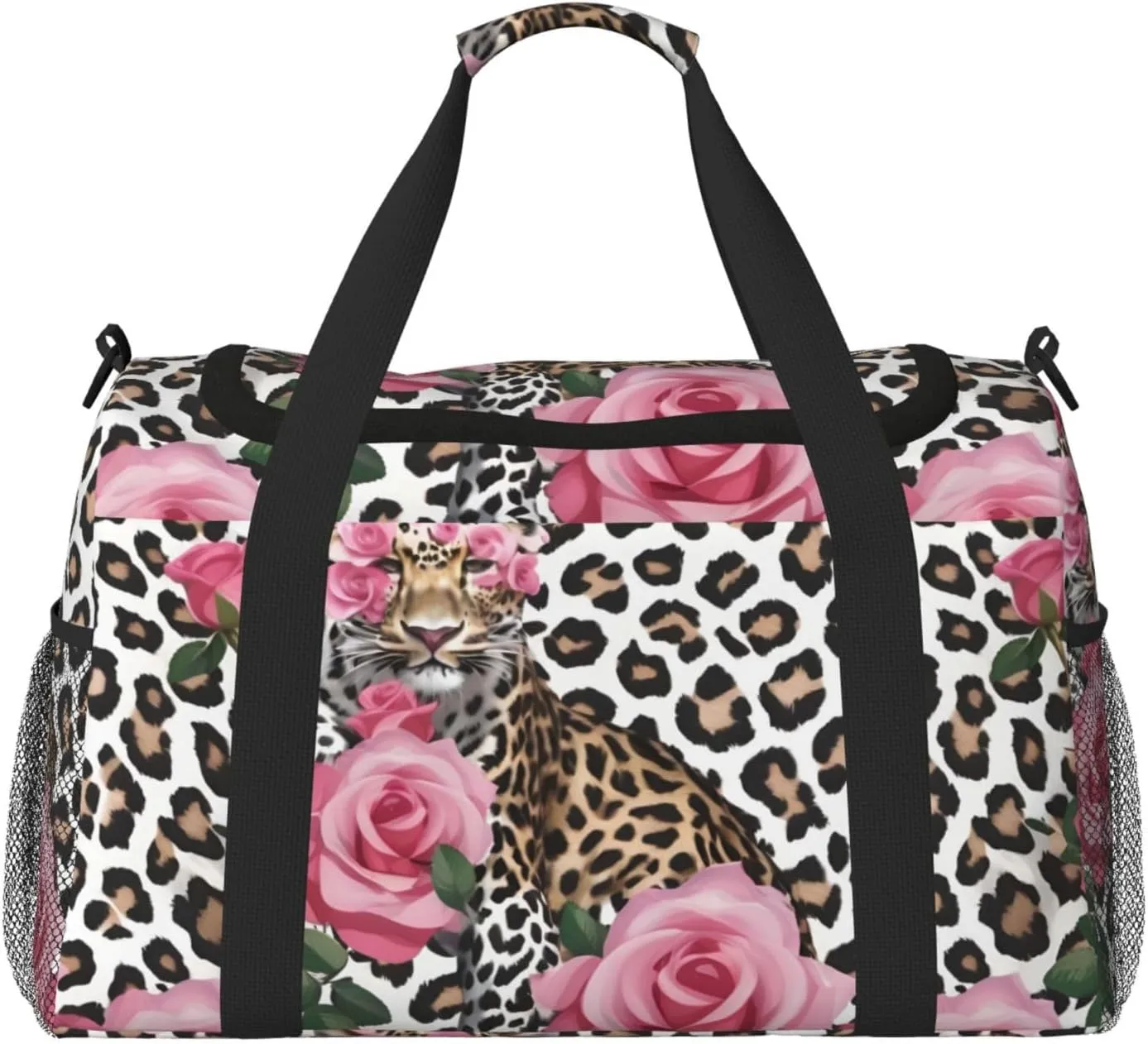 Red Rose Mix Leopard Travel Duffel Bag With Zippers And Handles, Big Foldable Duffle Bag For Family Vacations