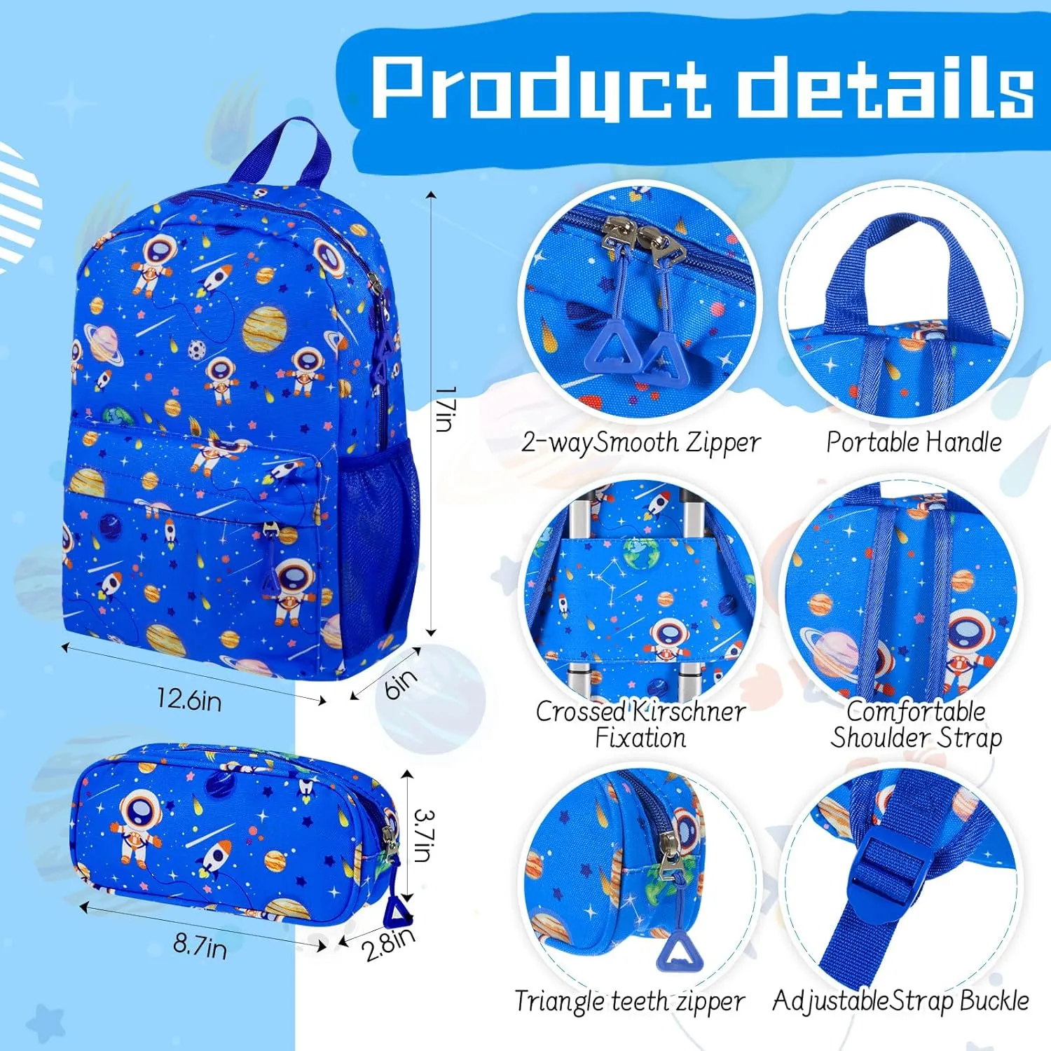 Redbaker 6 Pcs Kids Luggage Set 17 Inch Kids Rolling Luggage Double Pattern Suitcase for Girls Boys Gift(Light Blue,Astronauts)