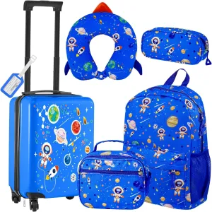 Redbaker 6 Pcs Kids Luggage Set 17 Inch Kids Rolling Luggage Double Pattern Suitcase for Girls Boys Gift(Light Blue,Astronauts)