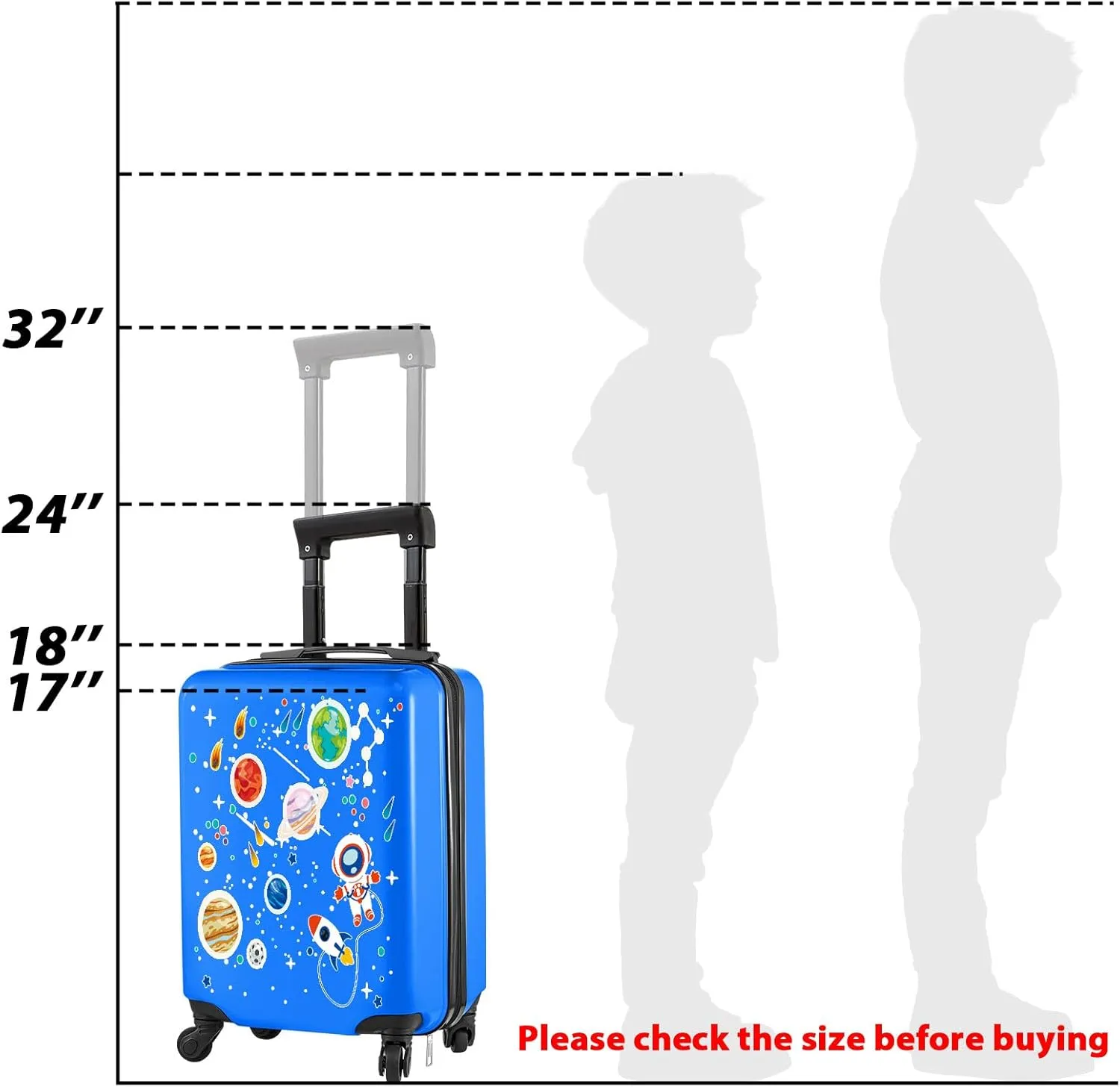 Redbaker 6 Pcs Kids Luggage Set 17 Inch Kids Rolling Luggage Double Pattern Suitcase for Girls Boys Gift(Light Blue,Astronauts)