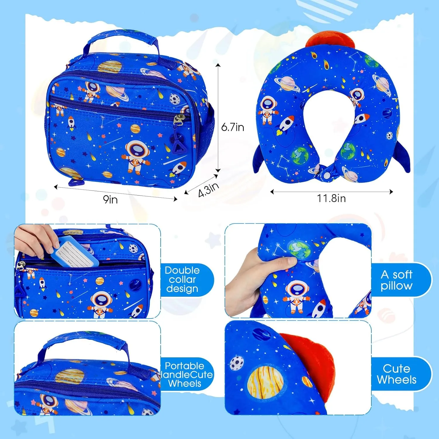 Redbaker 6 Pcs Kids Luggage Set 17 Inch Kids Rolling Luggage Double Pattern Suitcase for Girls Boys Gift(Light Blue,Astronauts)