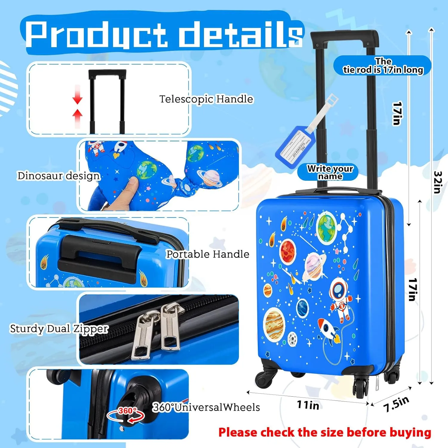 Redbaker 6 Pcs Kids Luggage Set 17 Inch Kids Rolling Luggage Double Pattern Suitcase for Girls Boys Gift(Light Blue,Astronauts)