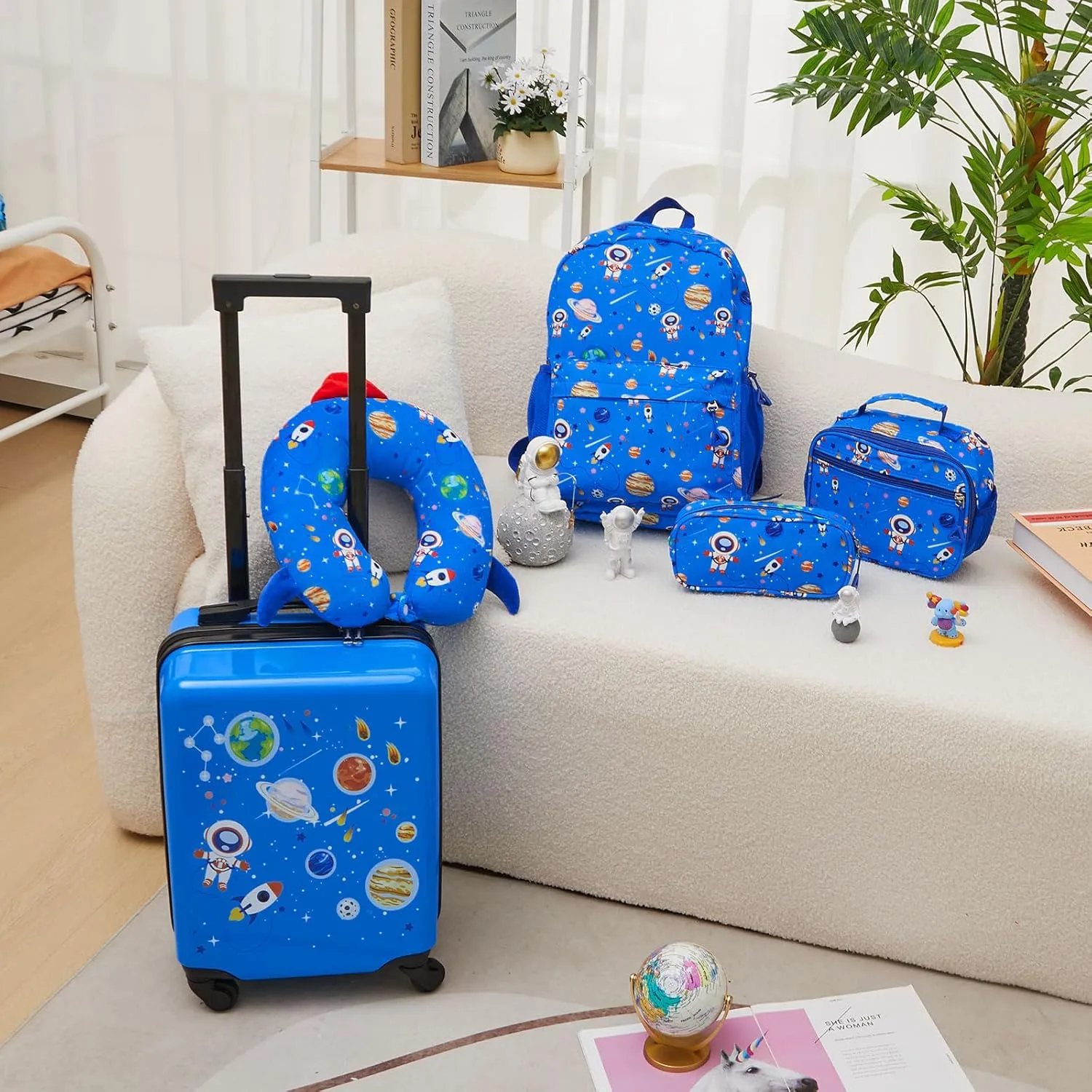 Redbaker 6 Pcs Kids Luggage Set 17 Inch Kids Rolling Luggage Double Pattern Suitcase for Girls Boys Gift(Light Blue,Astronauts)
