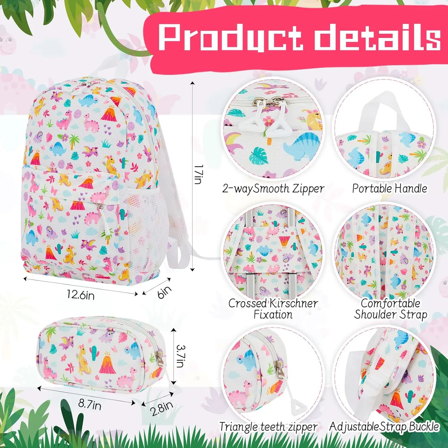 Redbaker 6 Pcs Kids Luggage Set 17 Inch Kids Rolling Luggage Double Pattern Suitcase for Girls Boys Gift(Pink,Dinosaur Style)