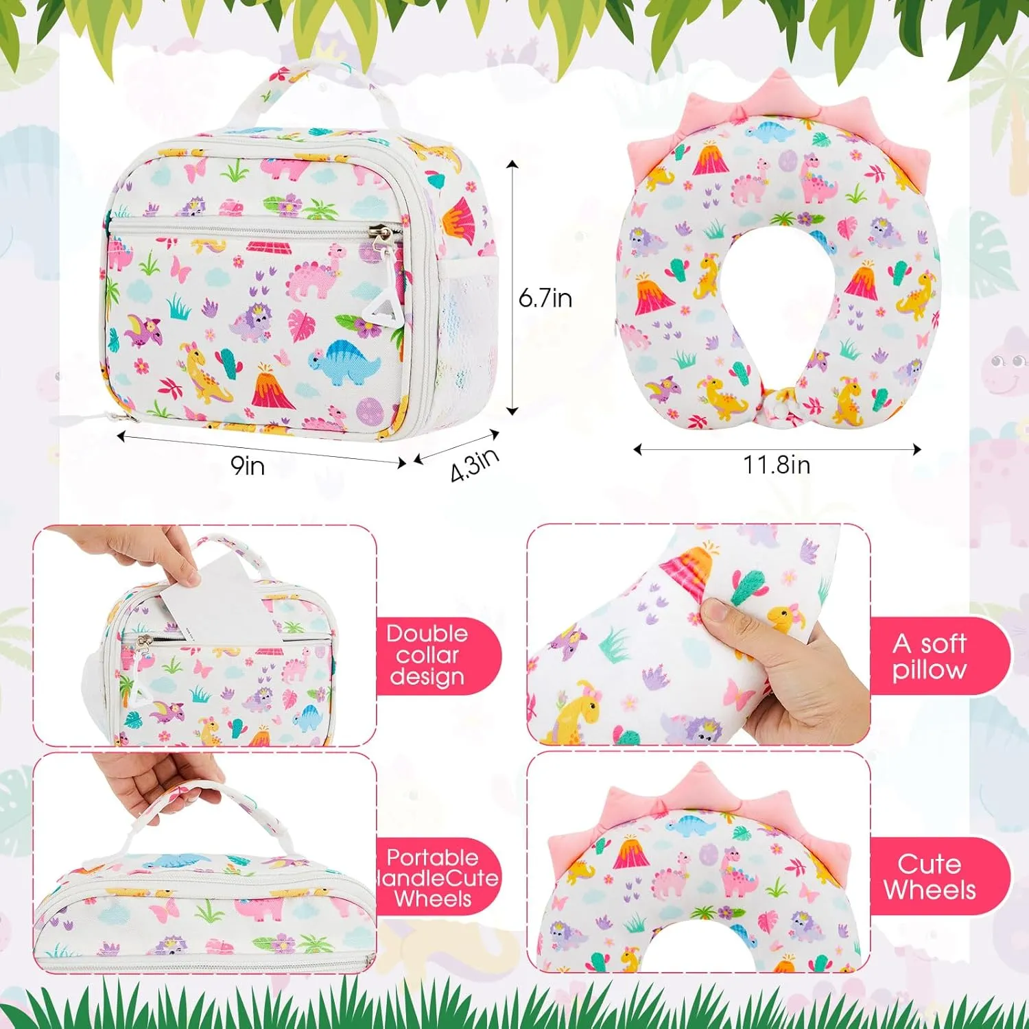 Redbaker 6 Pcs Kids Luggage Set 17 Inch Kids Rolling Luggage Double Pattern Suitcase for Girls Boys Gift(Pink,Dinosaur Style)