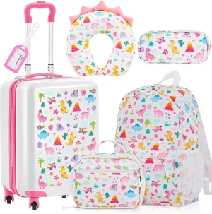 Redbaker 6 Pcs Kids Luggage Set 17 Inch Kids Rolling Luggage Double Pattern Suitcase for Girls Boys Gift(Pink,Dinosaur Style)