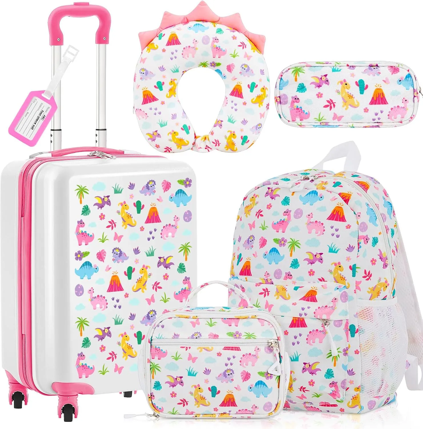 Redbaker 6 Pcs Kids Luggage Set 17 Inch Kids Rolling Luggage Double Pattern Suitcase for Girls Boys Gift(Pink,Dinosaur Style)