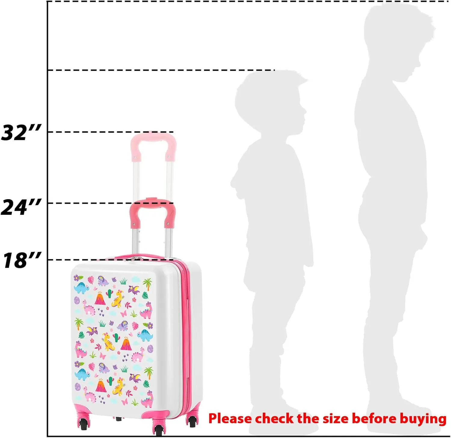 Redbaker 6 Pcs Kids Luggage Set 17 Inch Kids Rolling Luggage Double Pattern Suitcase for Girls Boys Gift(Pink,Dinosaur Style)