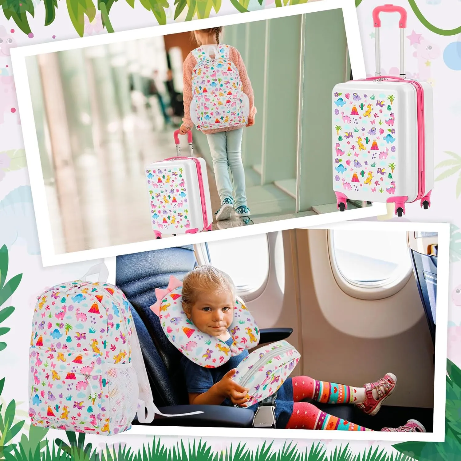 Redbaker 6 Pcs Kids Luggage Set 17 Inch Kids Rolling Luggage Double Pattern Suitcase for Girls Boys Gift(Pink,Dinosaur Style)