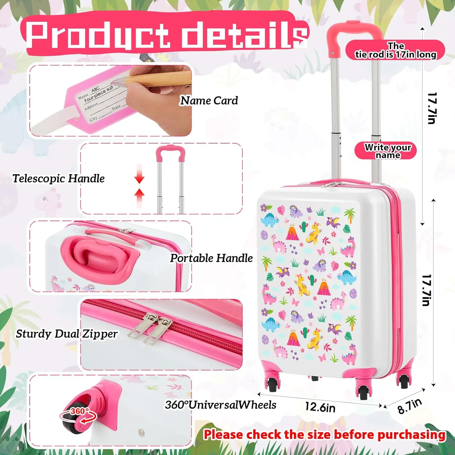 Redbaker 6 Pcs Kids Luggage Set 17 Inch Kids Rolling Luggage Double Pattern Suitcase for Girls Boys Gift(Pink,Dinosaur Style)