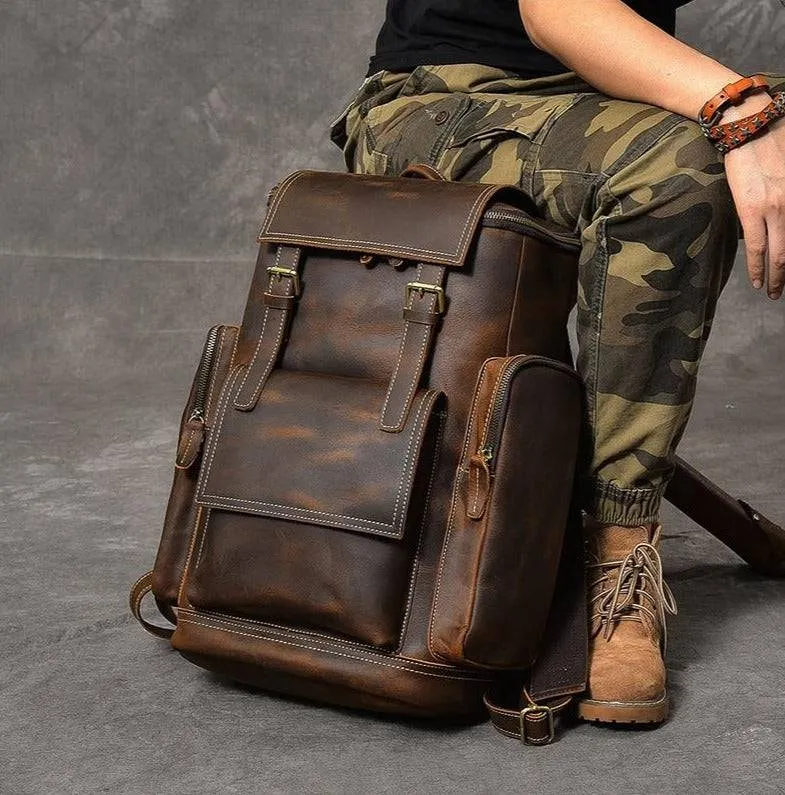 Retro Brown Leather Travel Backpack 36 to 55 Litre for Men