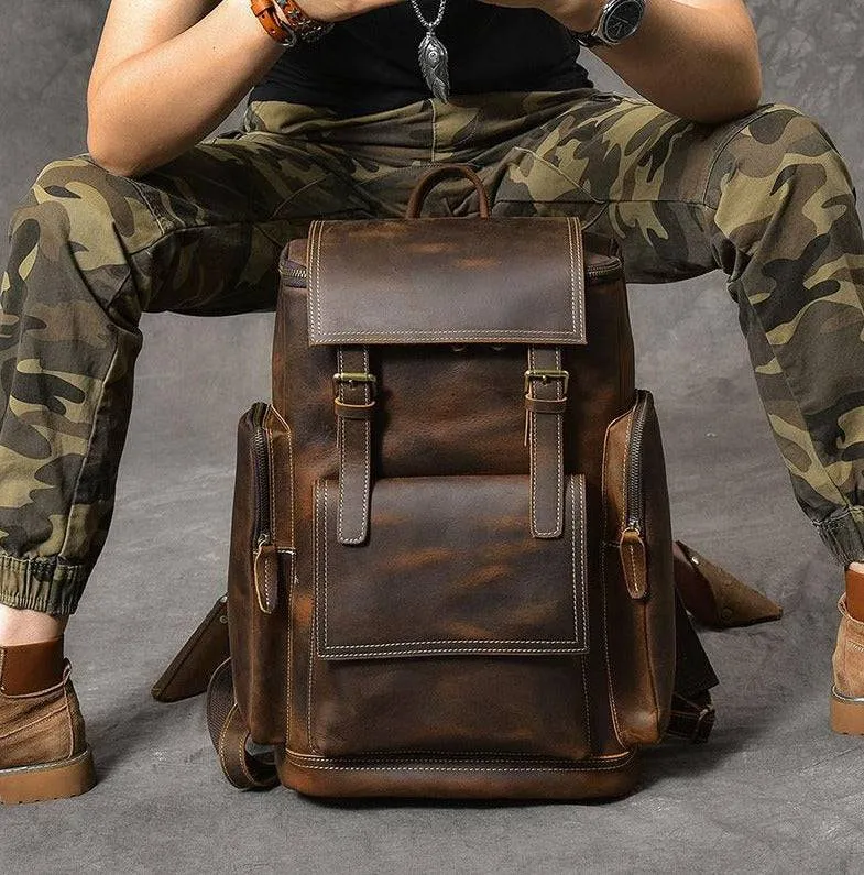 Retro Brown Leather Travel Backpack 36 to 55 Litre for Men