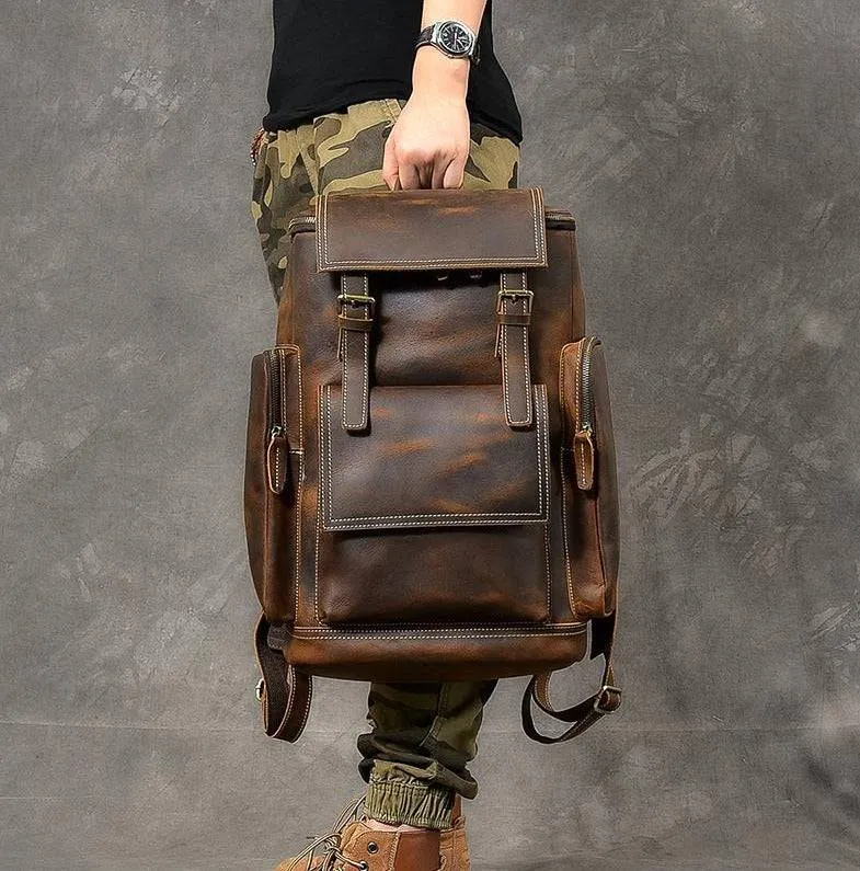 Retro Brown Leather Travel Backpack 36 to 55 Litre for Men