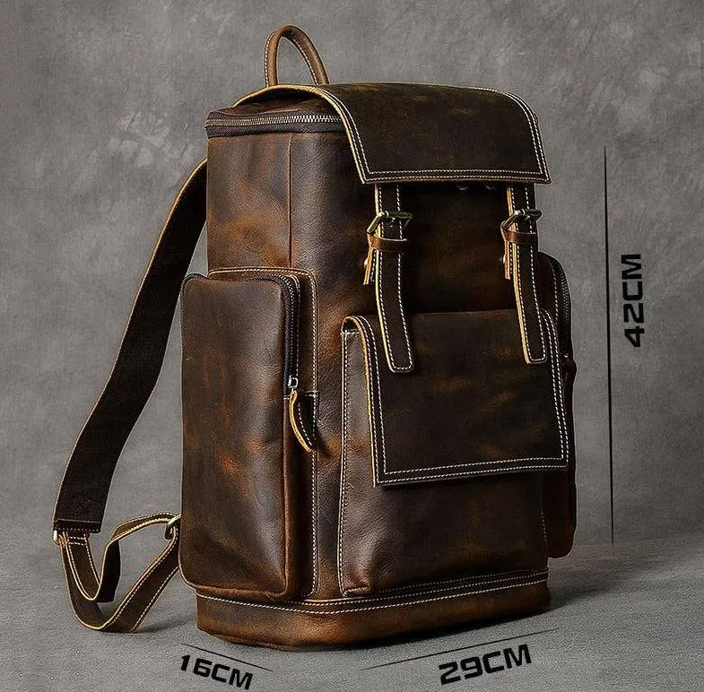 Retro Brown Leather Travel Backpack 36 to 55 Litre for Men