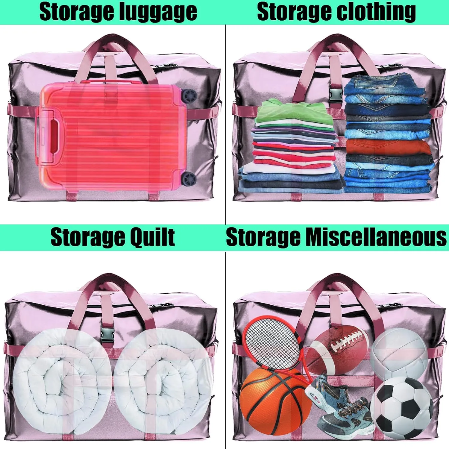 RicoRich 120L Travel Duffel Bag, Foldable Heavy Duty Overnight Bag, Larger Size Carry on Luggage Sport Duffle for Weekender/Vacation/Camping/Beach/Tent(Pink)