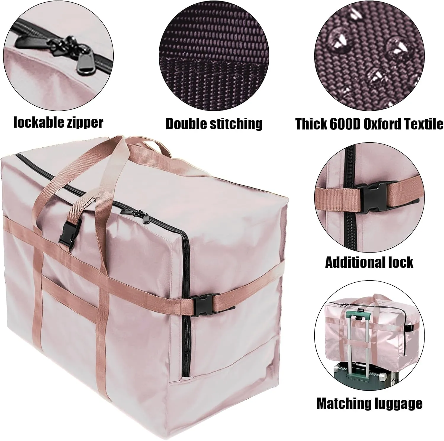 RicoRich 120L Travel Duffel Bag, Foldable Heavy Duty Overnight Bag, Larger Size Carry on Luggage Sport Duffle for Weekender/Vacation/Camping/Beach/Tent(Pink)