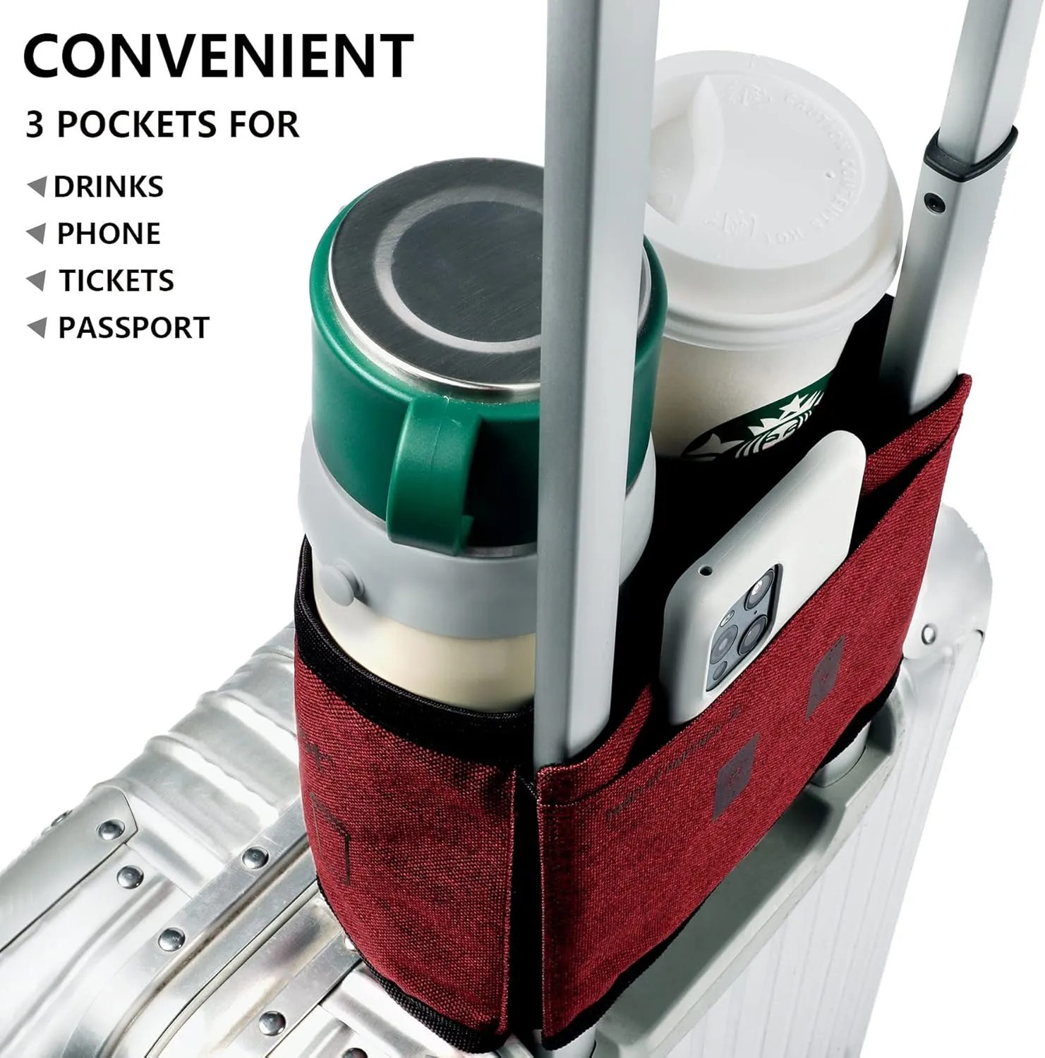 riemot Luggage Travel Cup Holder Free Hand Drink Carrier - Hold Two Coffee Mugs - Fits Roll on Suitcase Handles - Gifts for Flight Attendants Travelers Accessories Red
