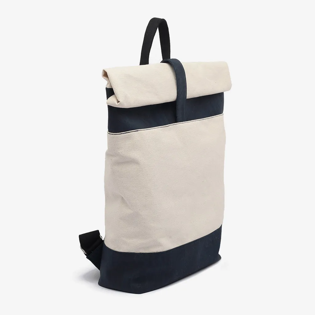 Roll-Up Backpack in Natural Cotton and Dark Blue Cork
