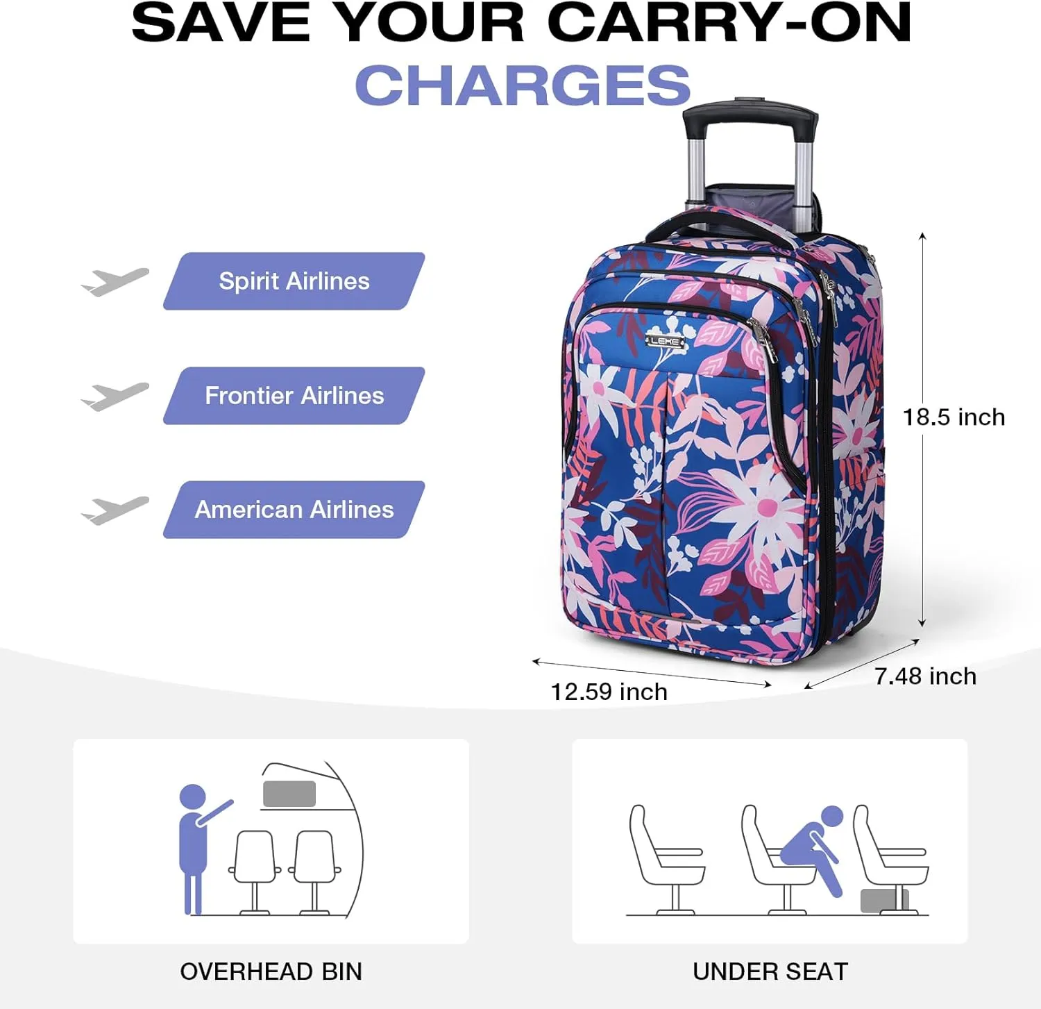 Rolling Backpack for Adults, 17 Inch Waterproof Carry on Backpack with Wheels, Flower Middle