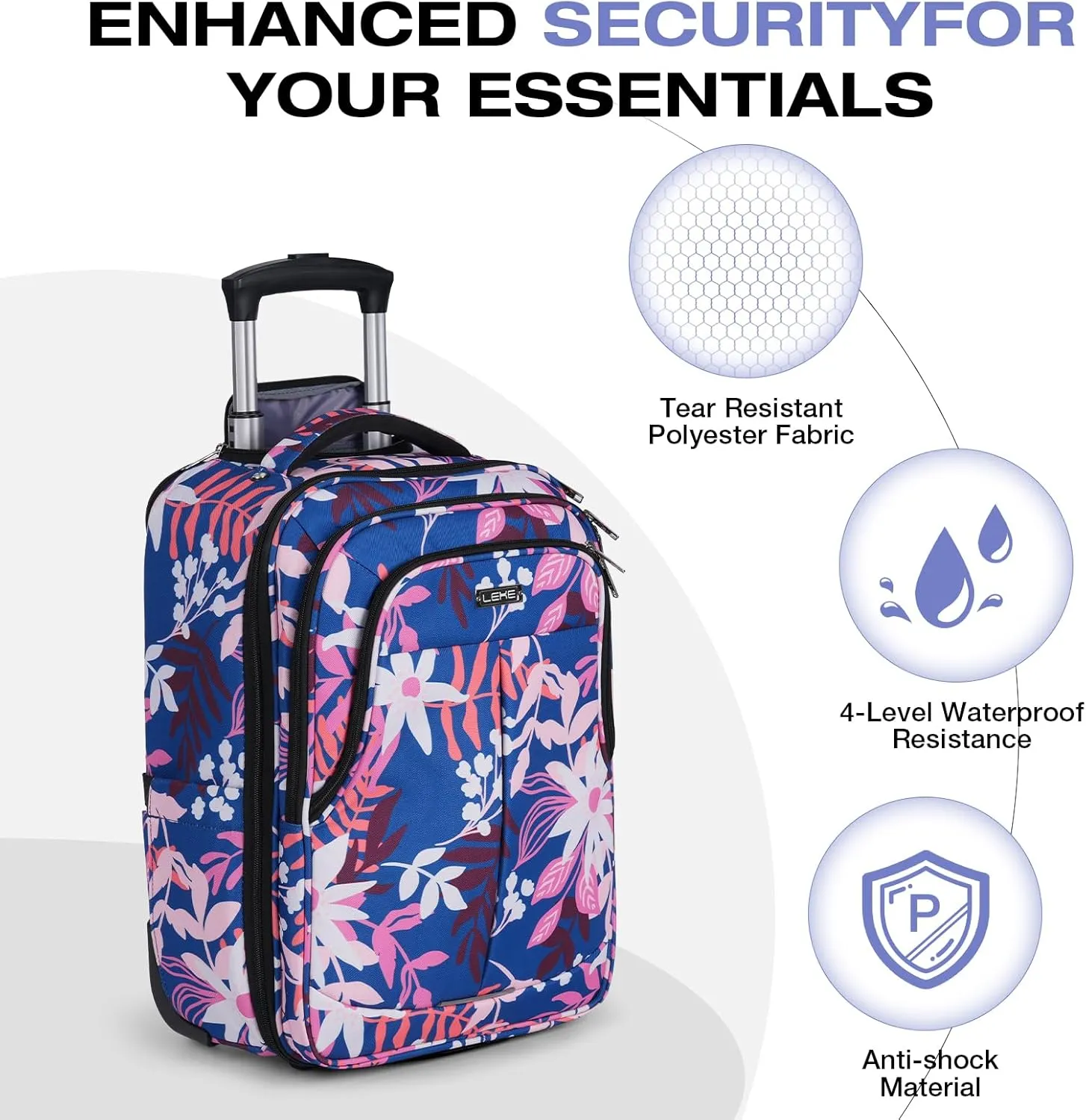 Rolling Backpack for Adults, 17 Inch Waterproof Carry on Backpack with Wheels, Flower Middle