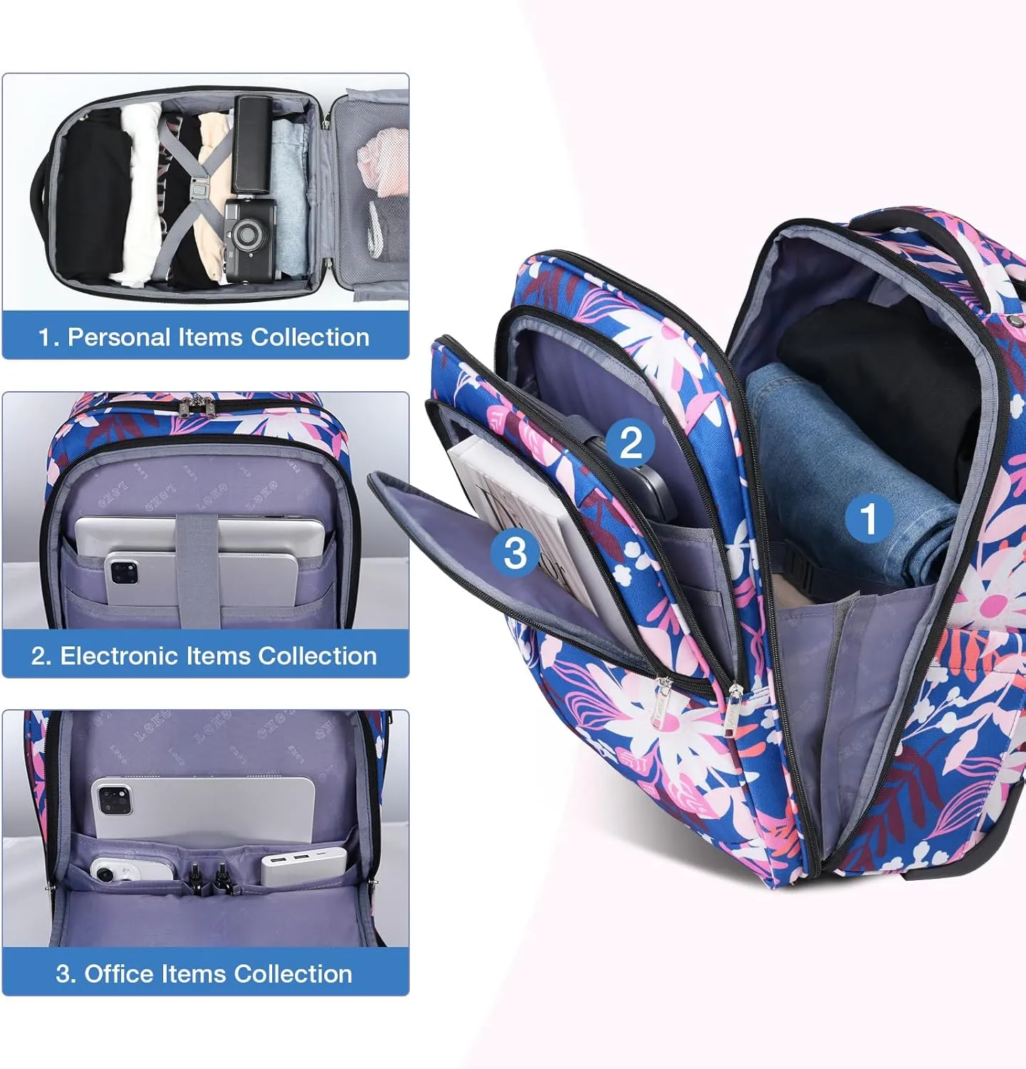 Rolling Backpack for Adults, 17 Inch Waterproof Carry on Backpack with Wheels, Flower Middle