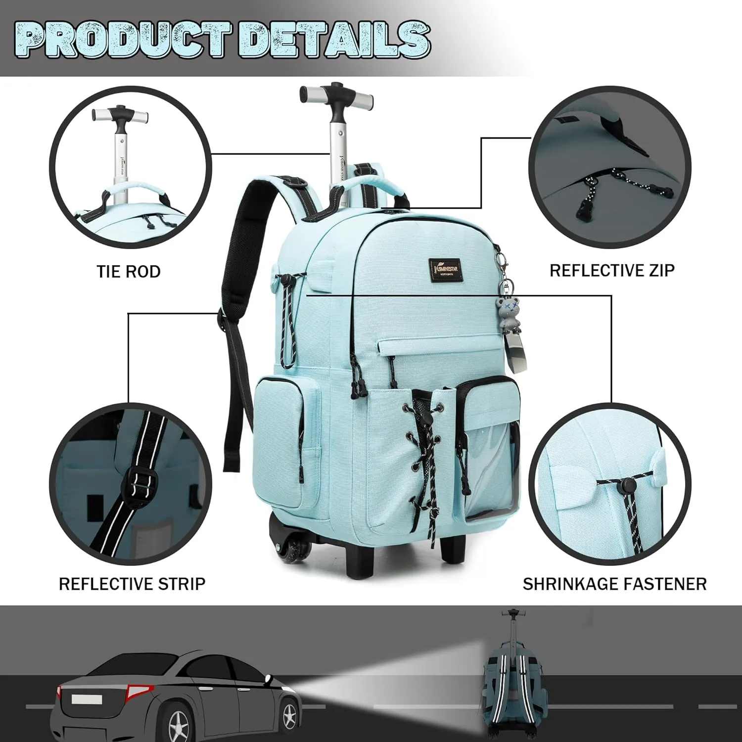 Rolling Backpack for School 3 in 1 Backpack with Wheels Backpack with Lunch Box Set Backpacks for Teens Girls Boys Travel Backpack with Wheels Wheeled Backpack for School Supplies, Sky Blue2