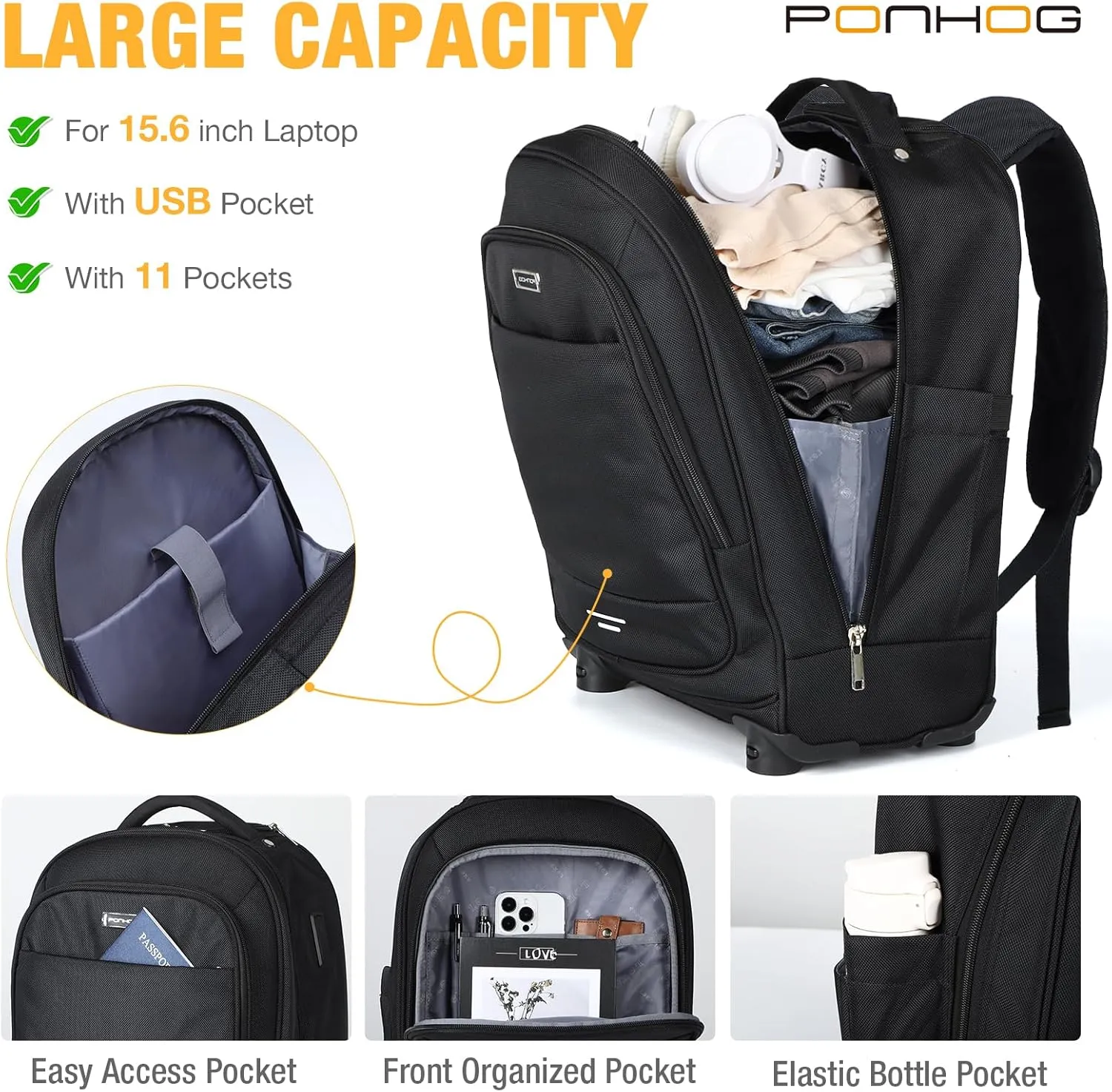 Rolling Backpack - Travel Backpack with 4 Spinner Wheels 15.6 inch laptop Backpack Carry on Wheeled Backpacks for Men Women Suitable for Overnight Work Business College Black