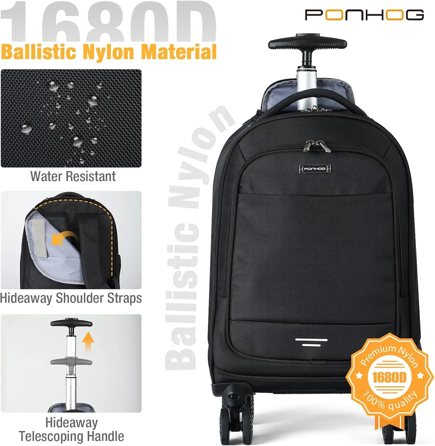 Rolling Backpack - Travel Backpack with 4 Spinner Wheels 15.6 inch laptop Backpack Carry on Wheeled Backpacks for Men Women Suitable for Overnight Work Business College Black