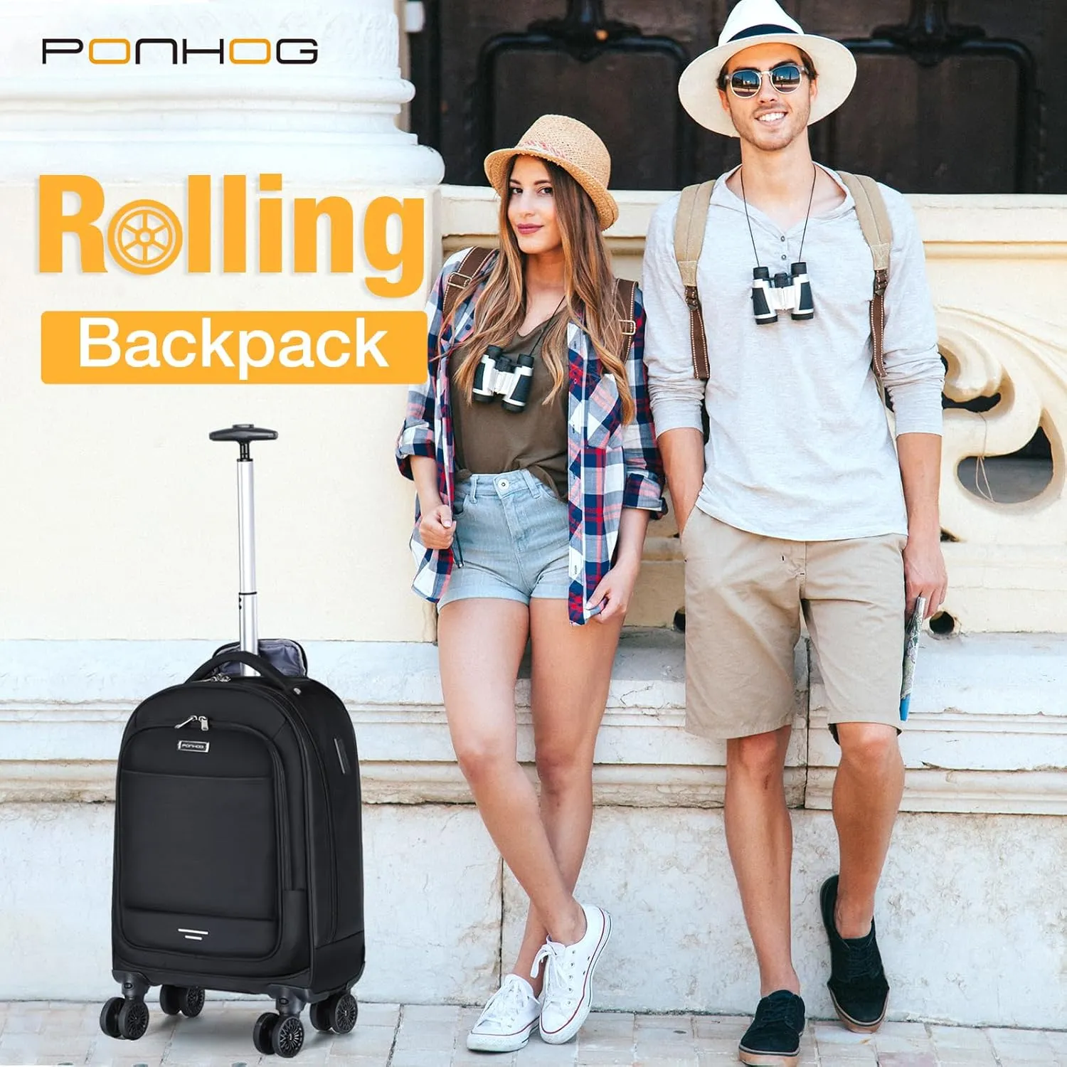 Rolling Backpack - Travel Backpack with 4 Spinner Wheels 15.6 inch laptop Backpack Carry on Wheeled Backpacks for Men Women Suitable for Overnight Work Business College Black