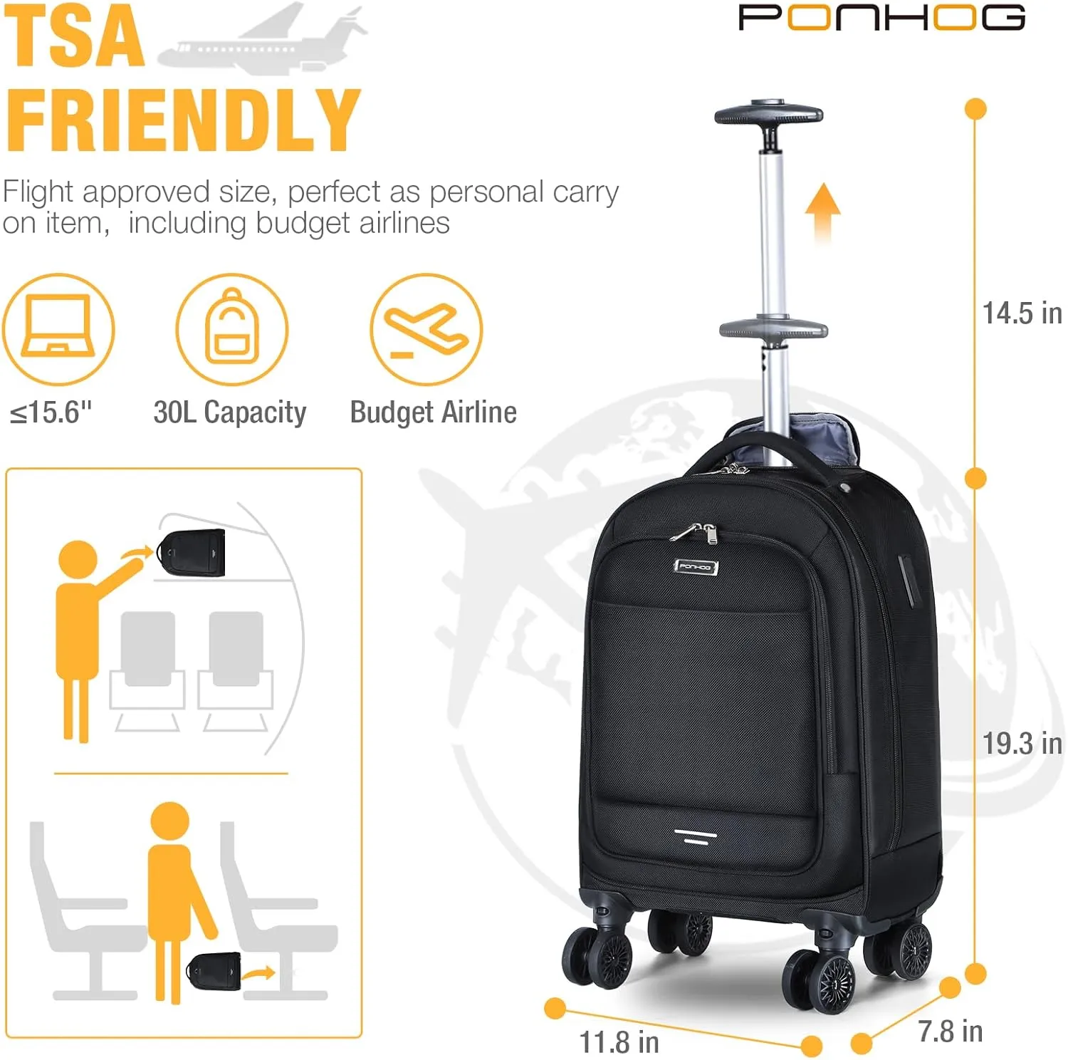 Rolling Backpack - Travel Backpack with 4 Spinner Wheels 15.6 inch laptop Backpack Carry on Wheeled Backpacks for Men Women Suitable for Overnight Work Business College Black