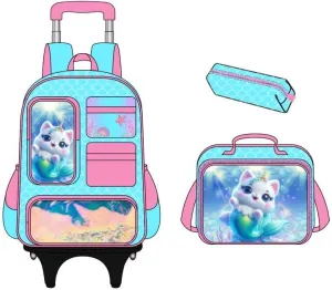 Rolling Backpack with Wheels,Mermaids Girls Backpack for School Multi-Pocket Wheeled Backpack Kids Schoolbags with Lunch Box and Pencil Case