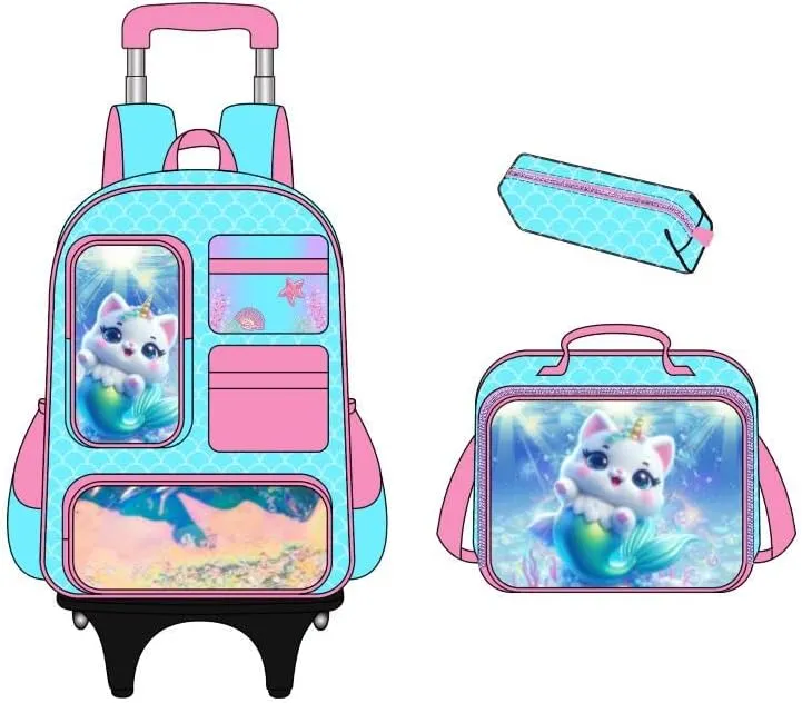 Rolling Backpack with Wheels,Mermaids Girls Backpack for School Multi-Pocket Wheeled Backpack Kids Schoolbags with Lunch Box and Pencil Case