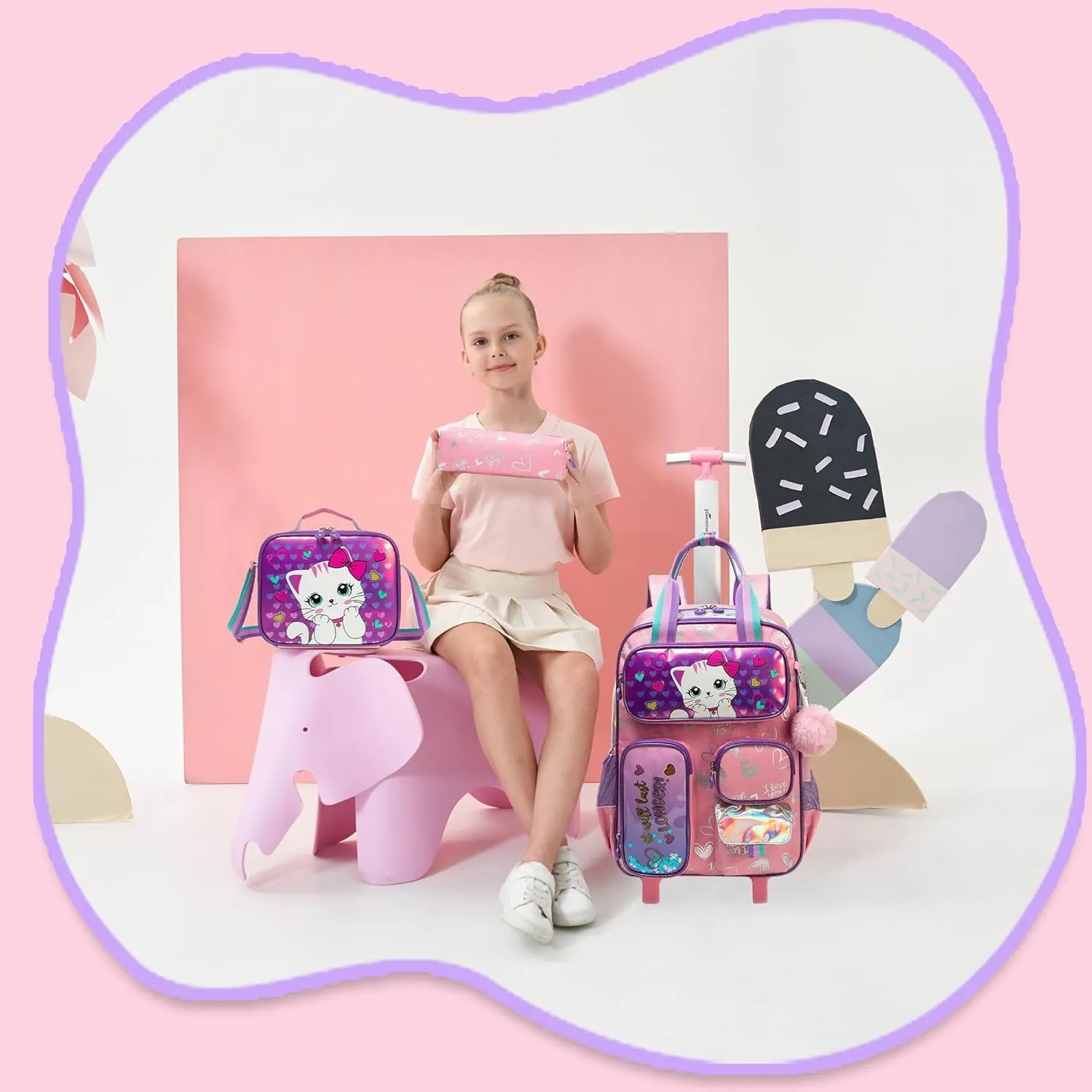 Rolling Backpacks with Wheels for Girls Cute Pink Cat School Roller Backpack,Kids Carry on Travel Luggage with Lunch Bag and Pencil Case for Girls Ages 5-12