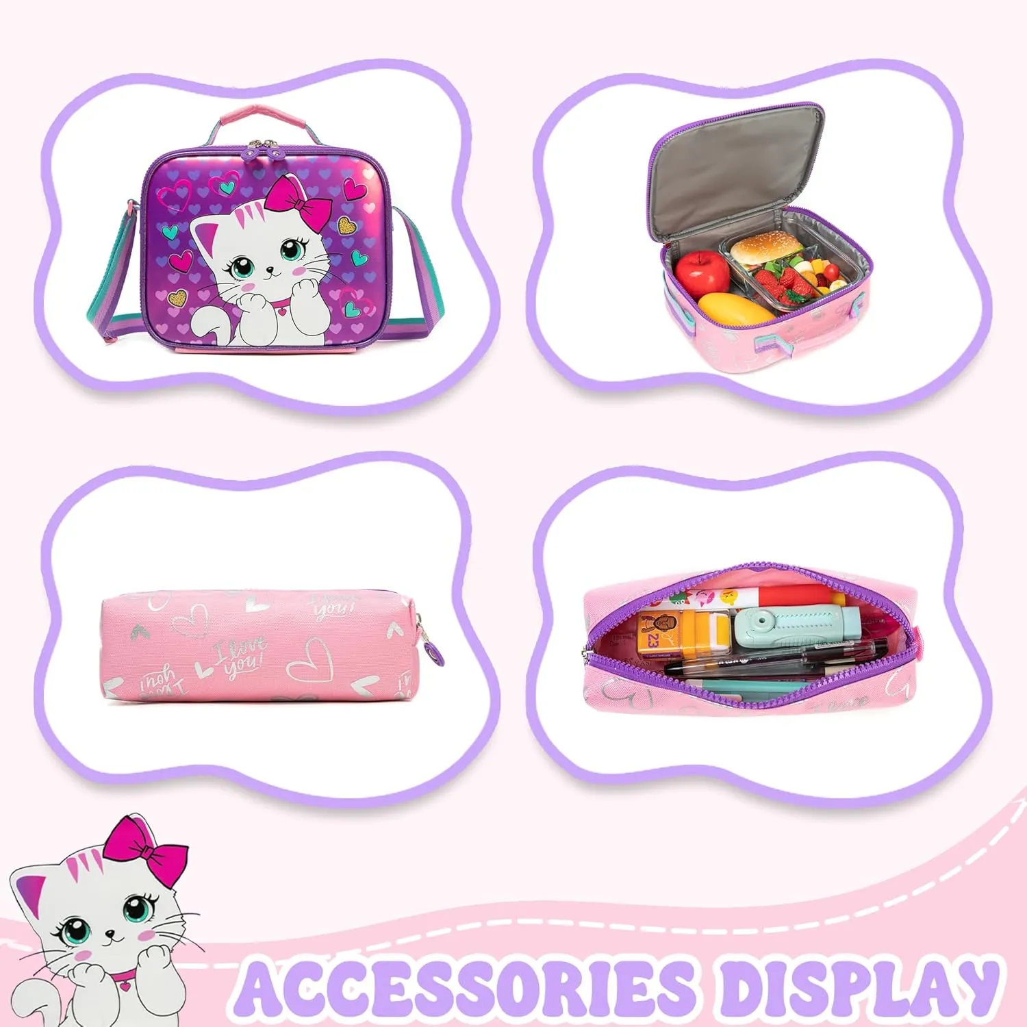 Rolling Backpacks with Wheels for Girls Cute Pink Cat School Roller Backpack,Kids Carry on Travel Luggage with Lunch Bag and Pencil Case for Girls Ages 5-12