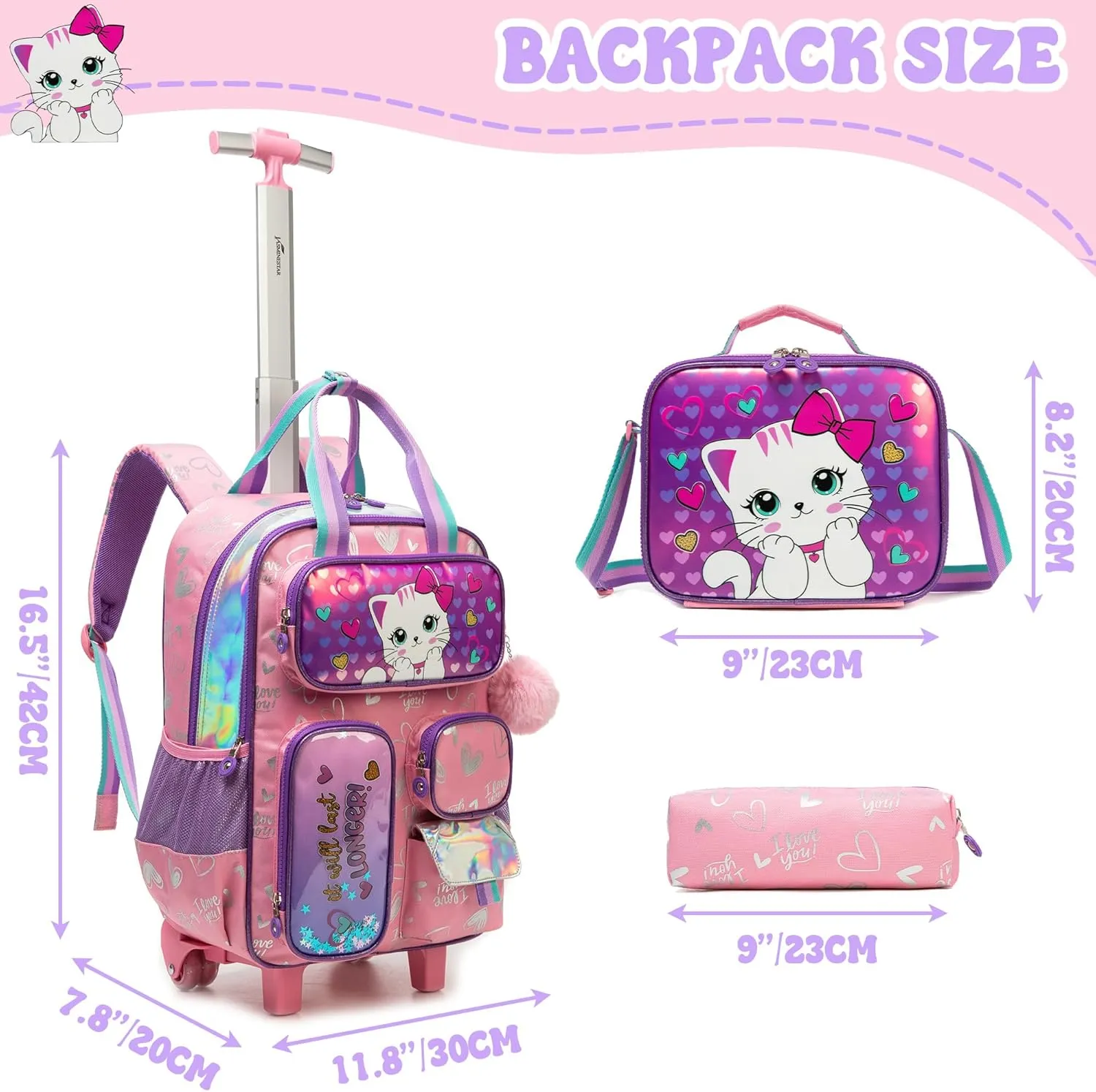 Rolling Backpacks with Wheels for Girls Cute Pink Cat School Roller Backpack,Kids Carry on Travel Luggage with Lunch Bag and Pencil Case for Girls Ages 5-12