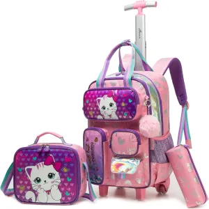 Rolling Backpacks with Wheels for Girls Cute Pink Cat School Roller Backpack,Kids Carry on Travel Luggage with Lunch Bag and Pencil Case for Girls Ages 5-12