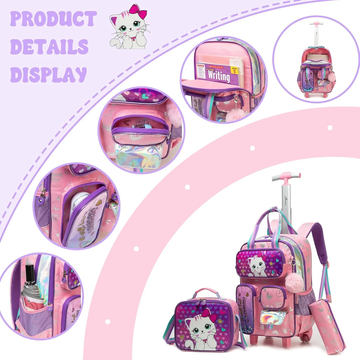 Rolling Backpacks with Wheels for Girls Cute Pink Cat School Roller Backpack,Kids Carry on Travel Luggage with Lunch Bag and Pencil Case for Girls Ages 5-12
