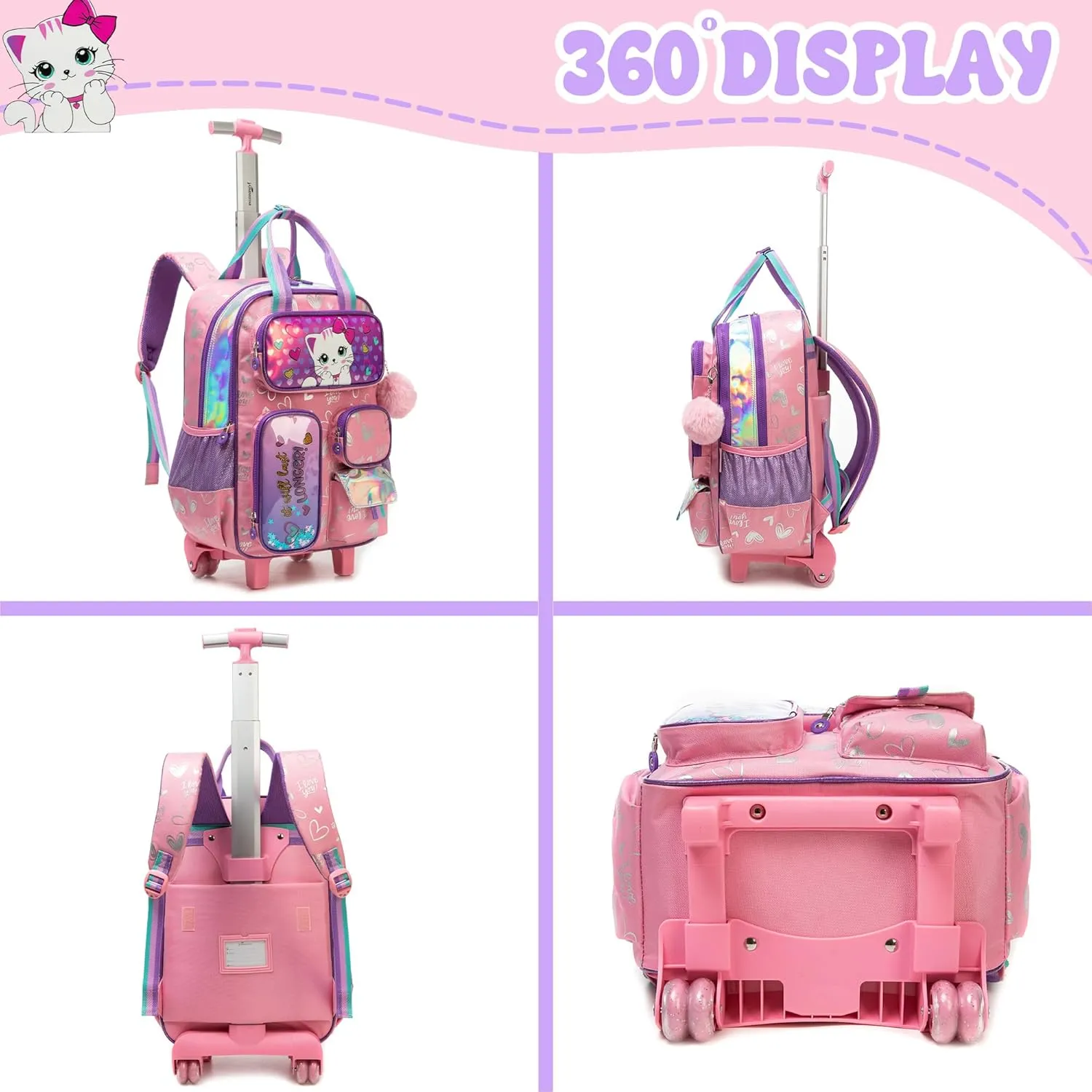Rolling Backpacks with Wheels for Girls Cute Pink Cat School Roller Backpack,Kids Carry on Travel Luggage with Lunch Bag and Pencil Case for Girls Ages 5-12