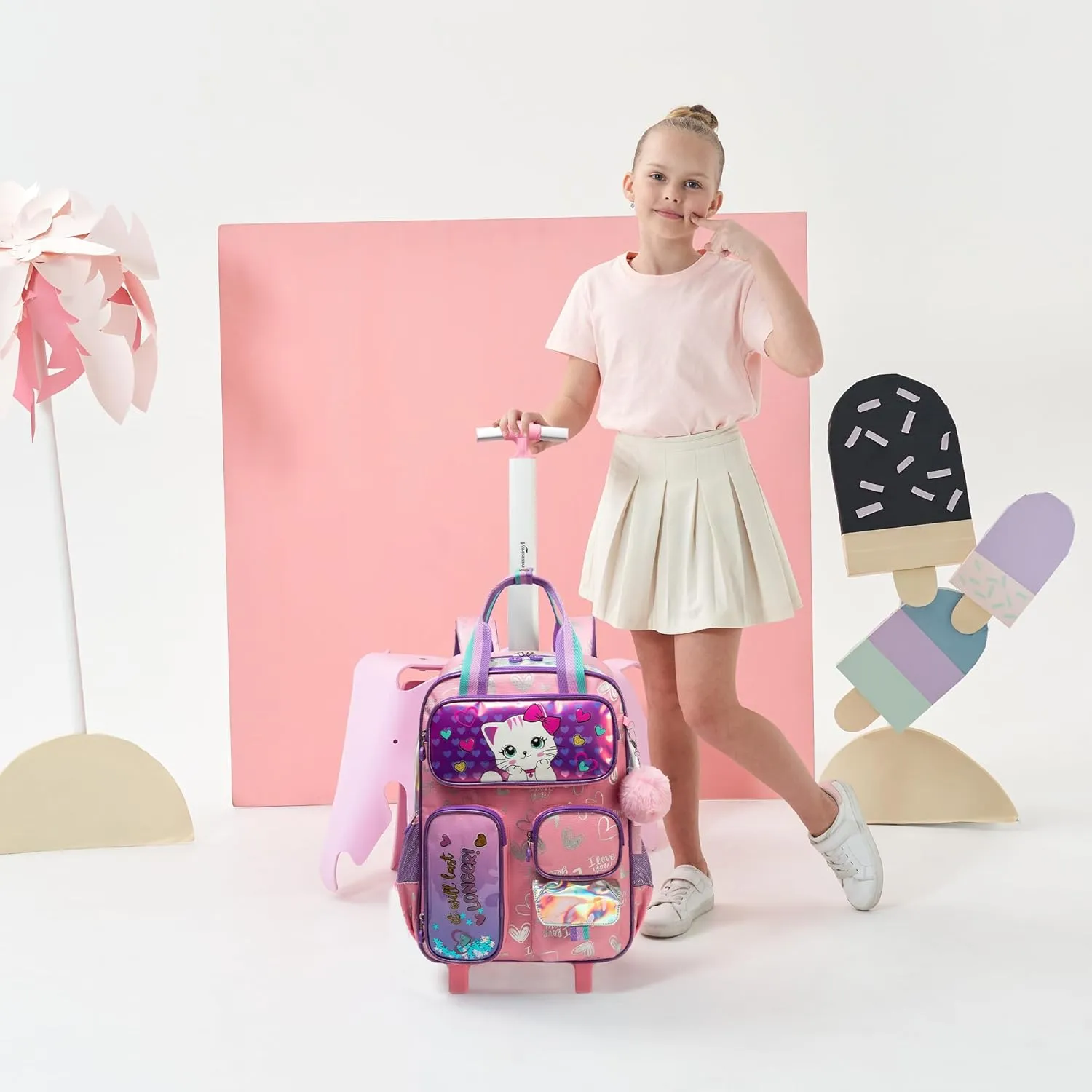 Rolling Backpacks with Wheels for Girls Cute Pink Cat School Roller Backpack,Kids Carry on Travel Luggage with Lunch Bag and Pencil Case for Girls Ages 5-12
