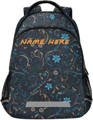 Rosette Floral Pattern Turquosie customized name backpack kids 16 inch with big personalized name tag books bag for 6th grade school boys girls mochilas para ni?as de 10 a?os reflective