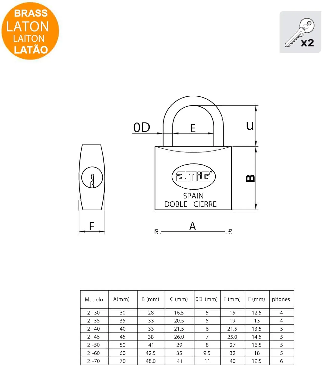 Safety Padlock | Includes 2 Keys | Normal Bow | Brass and Treated Steel Arch | for Gym Lockers, Doors, Closets, Suitcases, Backpacks | Double Lock | Width: 45 mm