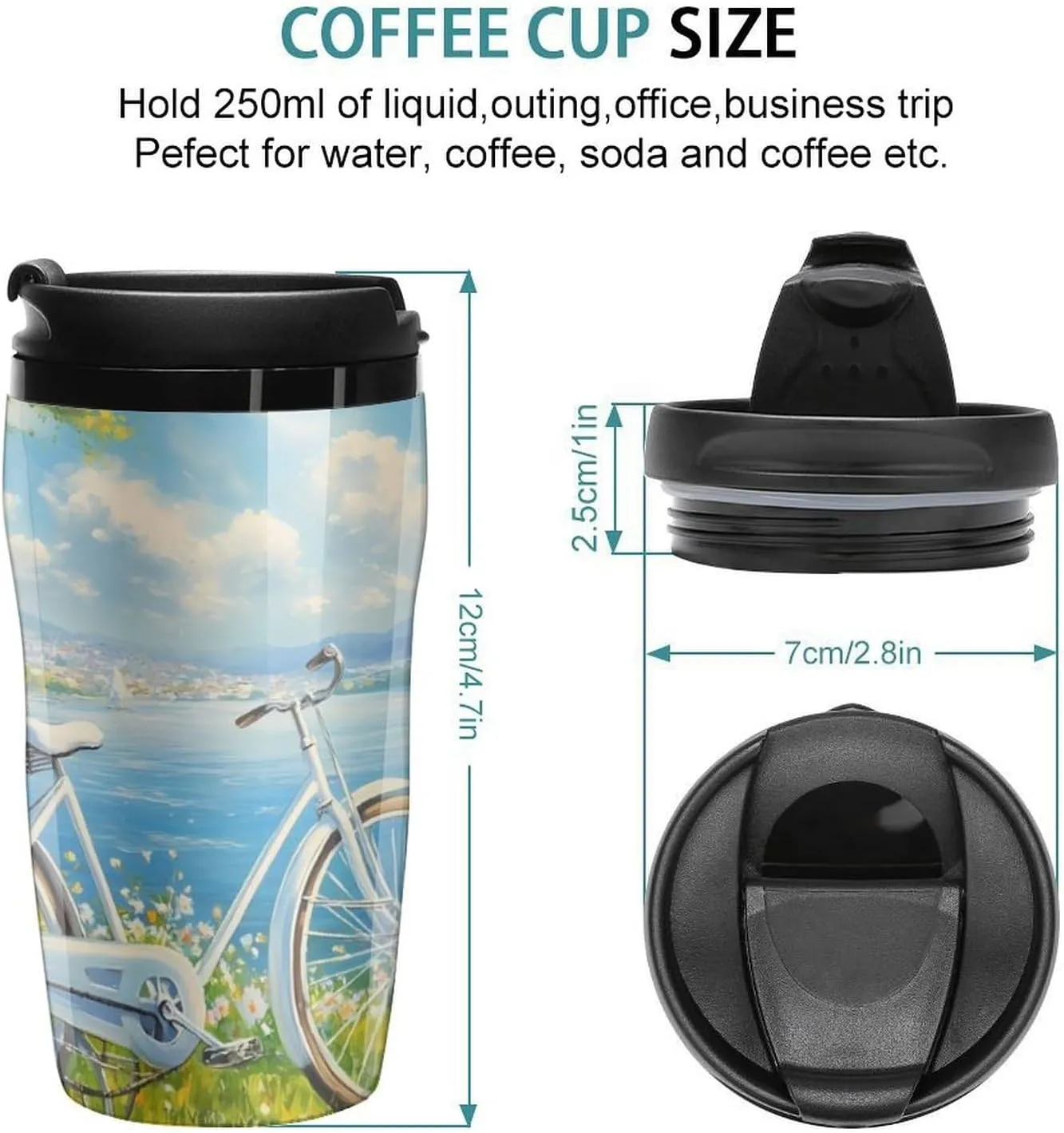 Sailboat Beach Flower Coffee Mug with Lid Portable Tumbler Water Bottle for Travel Business 250ml