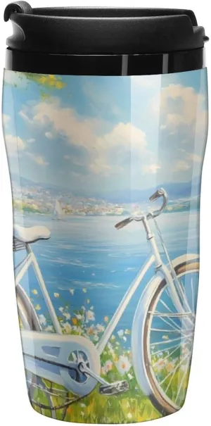 Sailboat Beach Flower Coffee Mug with Lid Portable Tumbler Water Bottle for Travel Business 250ml