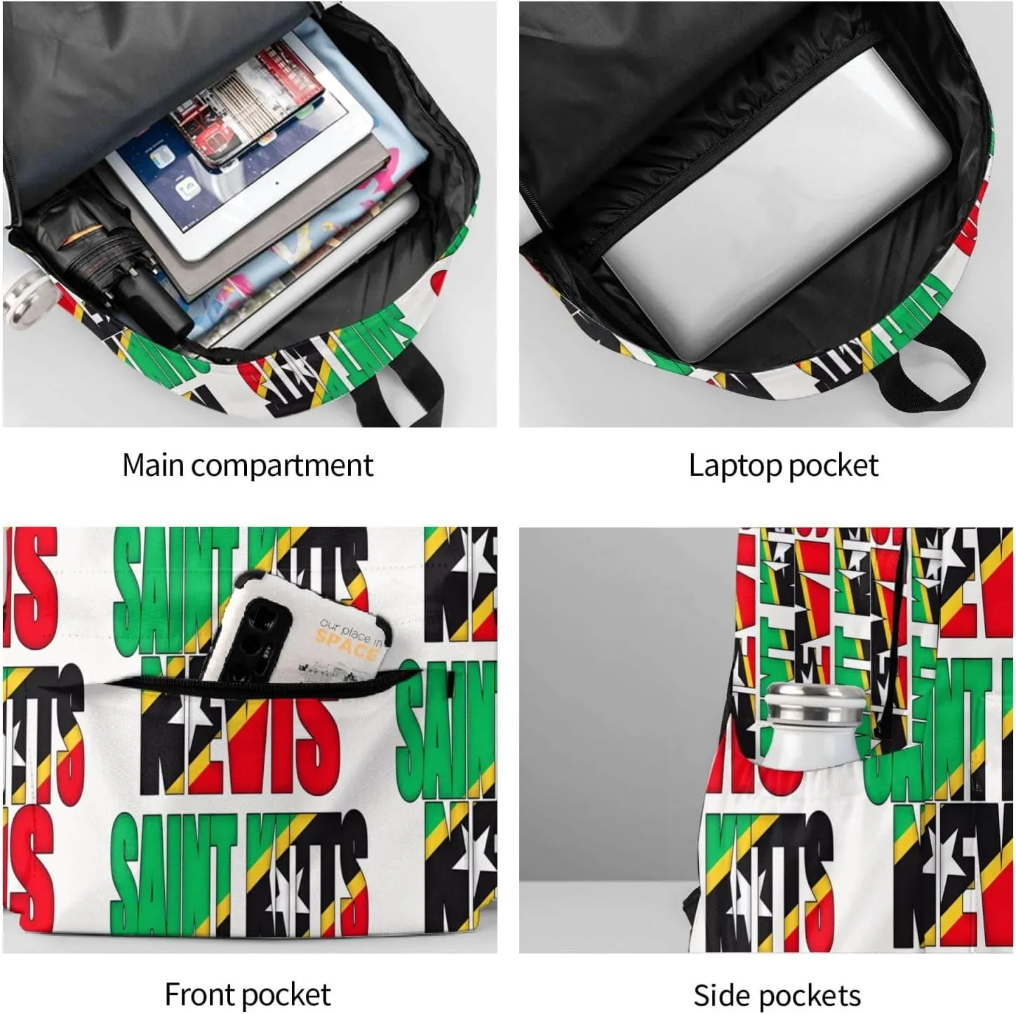 Saint Kitts Nevis Flag Casual Backpack Large Capacity Travel Backpacks Laptop Daypack Commuter Rucksack Adjustable Strap Sports Bags for Hiking Biking