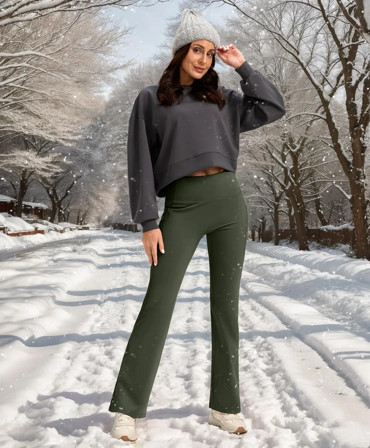 SANTINY Fleece Lined Flare Leggings Women 28.5/30.5/32 Water Resistant Winter Bell Bottom Hiking Yoga Pants with Pockets