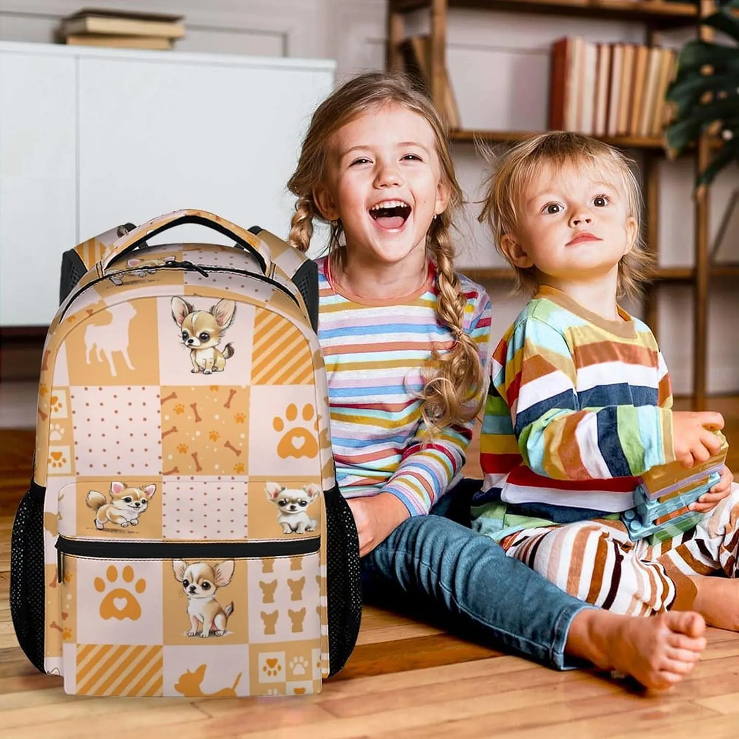 School Backpack for Kids, 17 Inch Yellow Chihuahua Backpacks for Girls, Cute Portable Bookbag for Middle High School