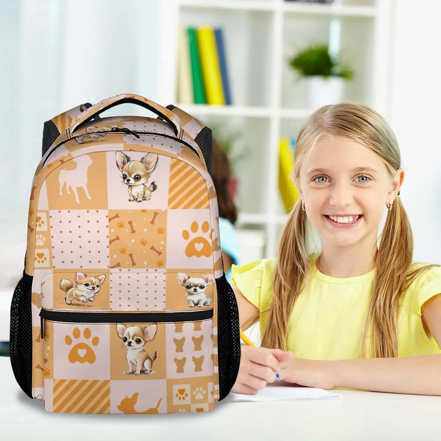 School Backpack for Kids, 17 Inch Yellow Chihuahua Backpacks for Girls, Cute Portable Bookbag for Middle High School