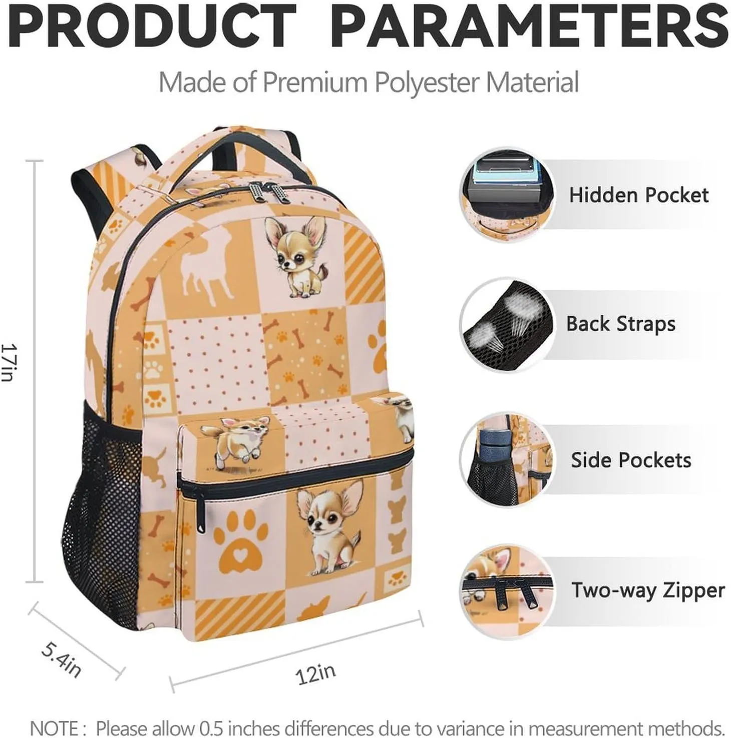 School Backpack for Kids, 17 Inch Yellow Chihuahua Backpacks for Girls, Cute Portable Bookbag for Middle High School